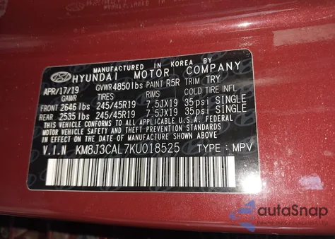 2019 Hyundai Tucson Night из США, поврежденный, VIN KM8J3CAL7KU018525